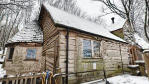 Holiday house covered in snow