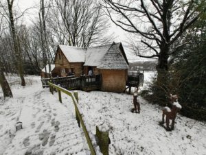 Holiday house covered in snow