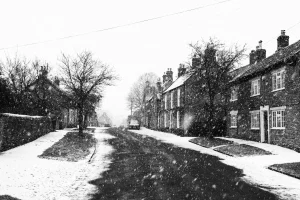 A snowy street scene featuring houses and trees, capturing the wintry atmosphere in Yorkshire, UK.