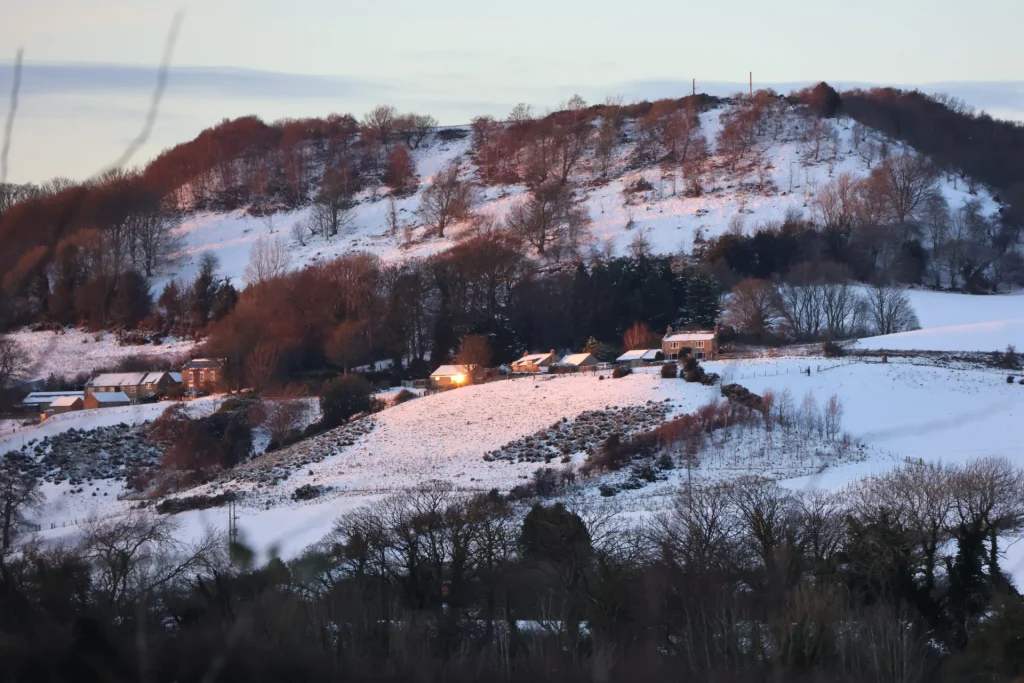 A snowy landscape featuring a hill with scattered trees and several houses below, lit softly by the evening light.
